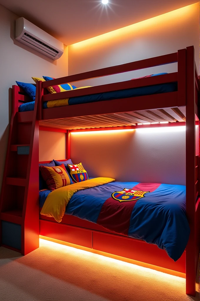 Example of a bunk bed using FC Barcelona bed sheets and bed covers plus AC and lights under the bed..