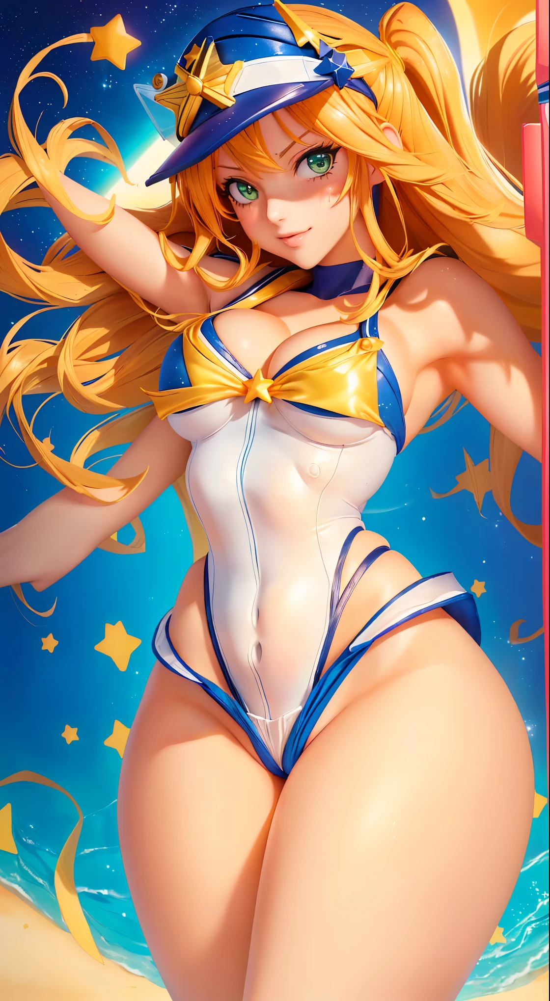 sailor girl in a bikini and hat with stars in the background, nami one piece, nami from one piece, nami, asuka suit under clothes!, lovely brigitte from overwatch, sexy-s 100, the sailor galaxia. beautiful, beautiful portrait of nami, miss fortune, glamorous angewoman digimon, full body zenkai! asuka suit