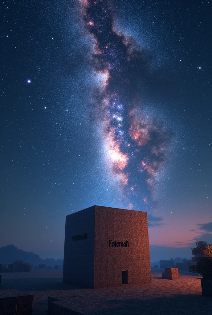 I need an image with a galactic world on top of a Minecraft cube of dirt with Minecraft textures and that says Galaxy World, that is, a galaxy on top of a Minecraft cube and that is at night and it has to say Galaxy World in the background. 