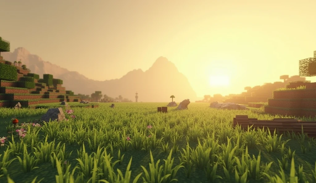 image size 2560 pixels by 1440 , Minecraft plains with prehistoric look, without mountains straight place without elevations , mountain just on the horizon 