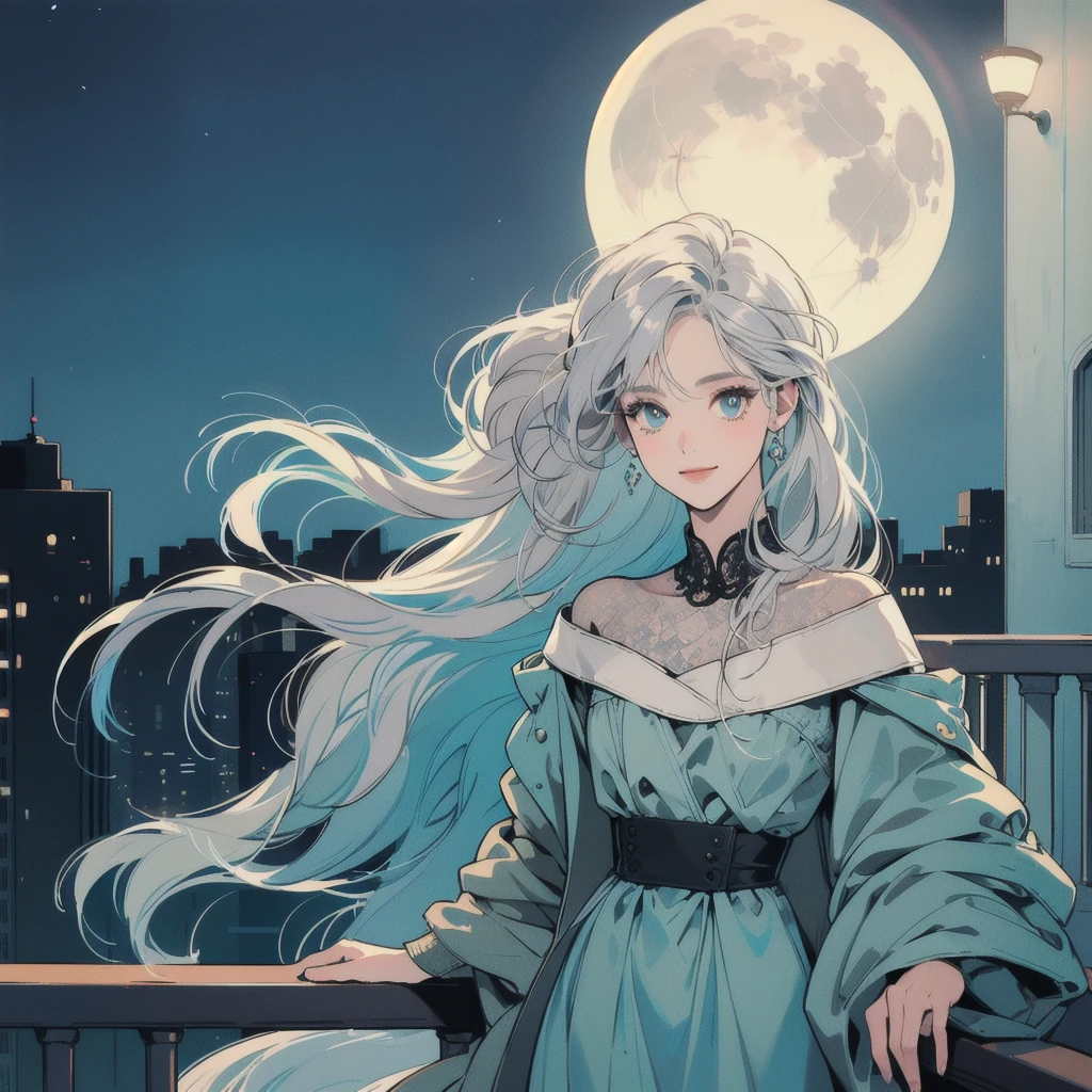 (masterpiece), highest quality, Cyan eyes, Light grey hair, Expressive eyes, Jorhaya, Looking out from the balcony of a high-rise apartment building, Night Sky, Cityscape, View Viewer, City lights, window, highlight, Dramatic Light, Calm face,Smiling、Full moon night