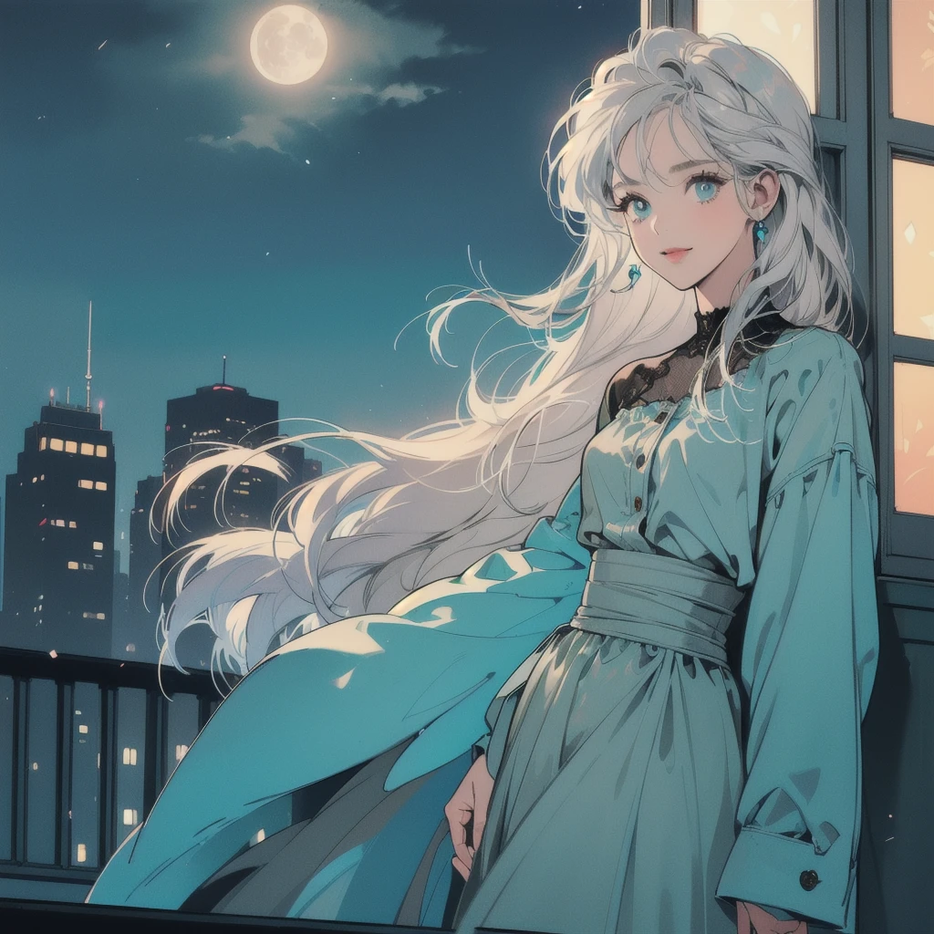 (masterpiece), highest quality, Cyan eyes, Light grey hair, Expressive eyes, Jorhaya, Looking out from the balcony of a high-rise apartment building, Night Sky, Cityscape, View Viewer, City lights, window, highlight, Dramatic Light, Calm face,Smiling、Full moon night