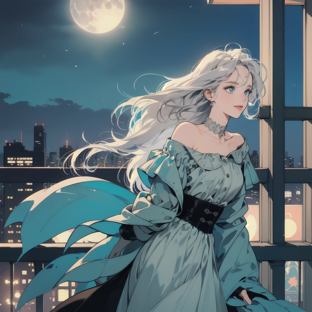 (masterpiece), highest quality, Cyan eyes, Light grey hair, Expressive eyes, Jorhaya, Looking out from the balcony of a high-rise apartment building, Night Sky, Cityscape, View Viewer, City lights, window, highlight, Dramatic Light, Calm face,Smiling、Full moon night