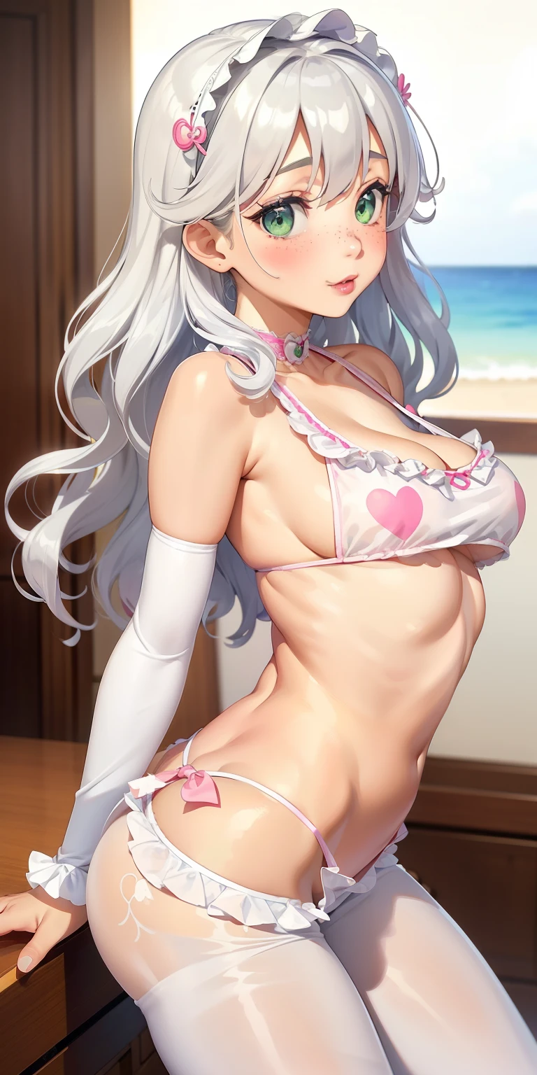Beautiful round medium breasts, 1Kizi, ((Silver wavy hair, hair parted on the right side, clips, romantic decorated )) ((Kizi, comely)) clear green eyes, has an comely sensual body with freckles, with full breasts and thin waist, HIP HOP Beautiful and cute Leggings with jacket and tank top in delicate fabric, has a bold appearance. Youngh, 品質, realisitic, best 品質, cute expression, pink lipstick lips, sorriso sexy, beach in the distance, inside the comely beach house