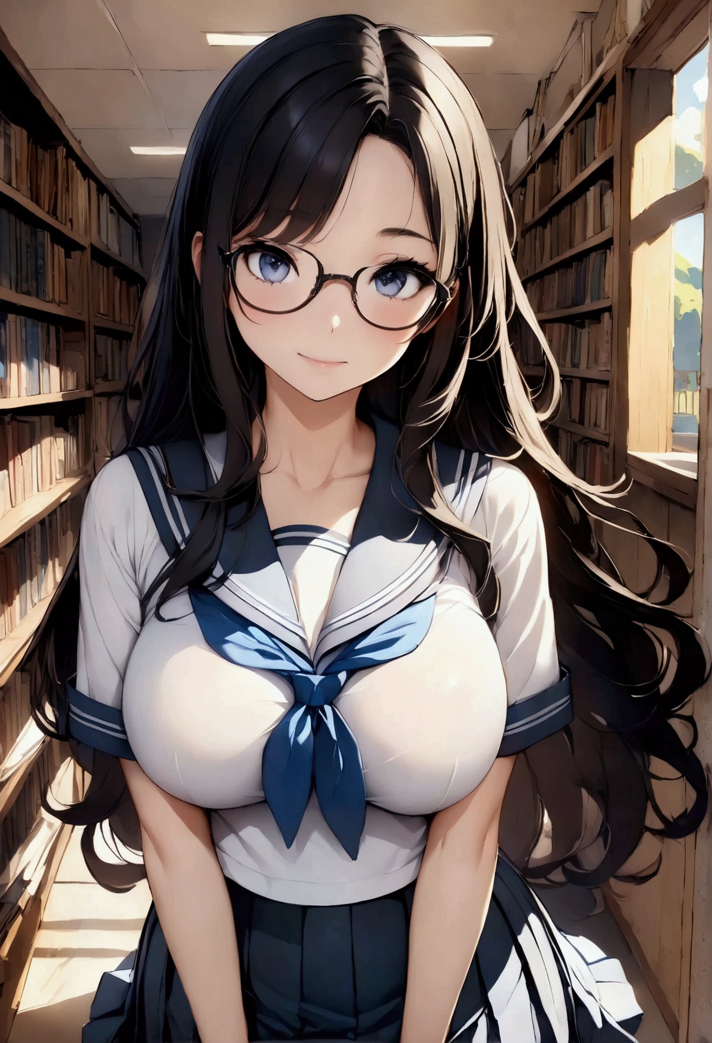 高いquality illustration, masterpiece, Very delicate and beautiful, masterpiece, Highest quality, High resolution, Very detailed, Perfect lighting、1 female、Very young、cute、(Wavy Long Hair)、Black Hair、Big Breasts、White ribbon、Glasses、white short sleeve sailor uniform、Navy blue pleated skirt、library、Library、Book棚、Book、desk、Bookを見る、