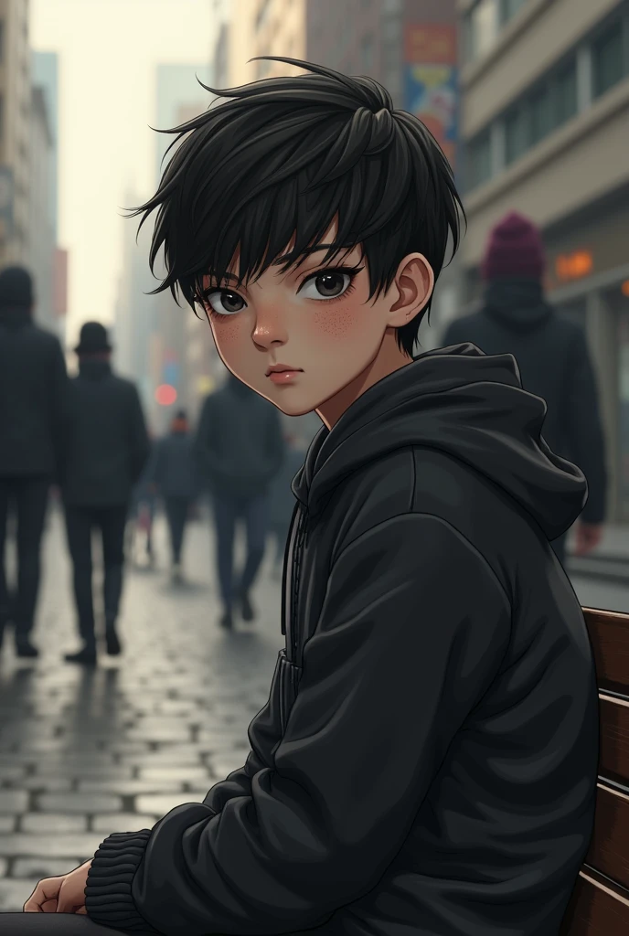 Kizi, with very short hair in a masculine cut, eyes black, some small freckles on the face, a fake smile. The scene is of her sitting on a bench alone with people around her.