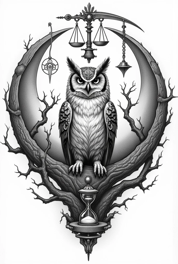 Symbol of death, with an owl, A WORLD,a scythe, a scale, A sand clock, all in a circle and black and white drawing , Magic seal containing all of the above