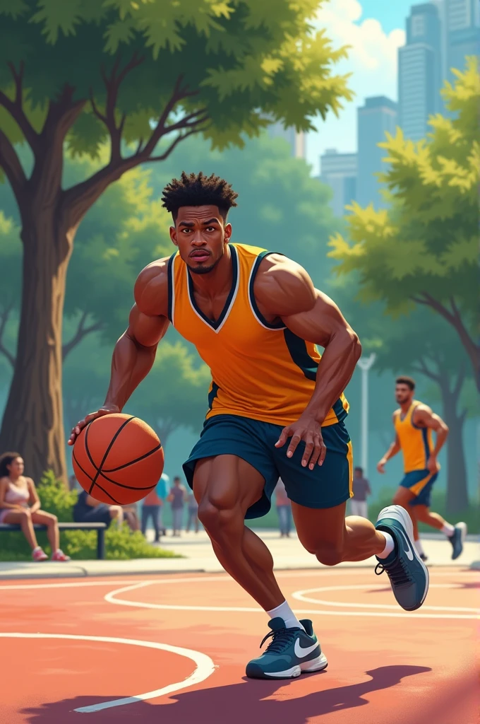 Brown man playing basketball in a park