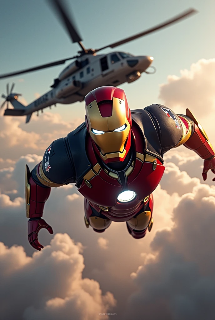 (photorealism:1.2), Ironman flying with open front helmet, wearing a New England Patriots jacket with a helicopter gunship chasing him