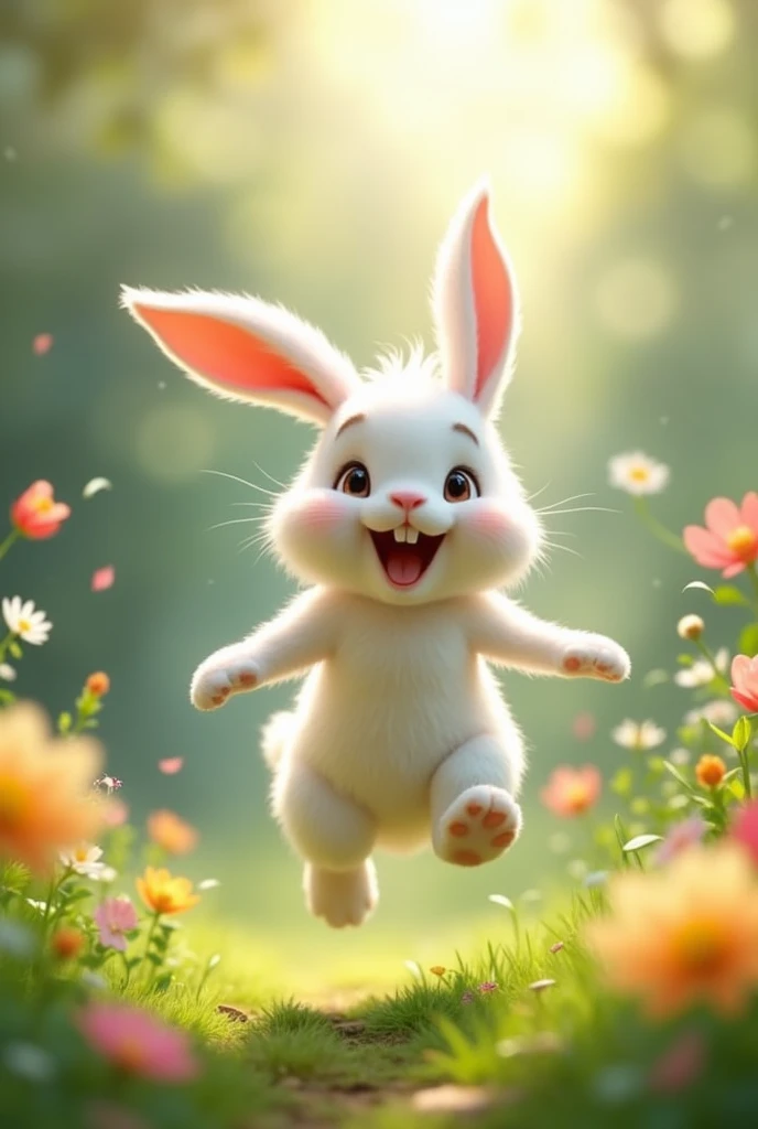 A rabbit in a garden and it's jumping, jumping, dancing from here to there