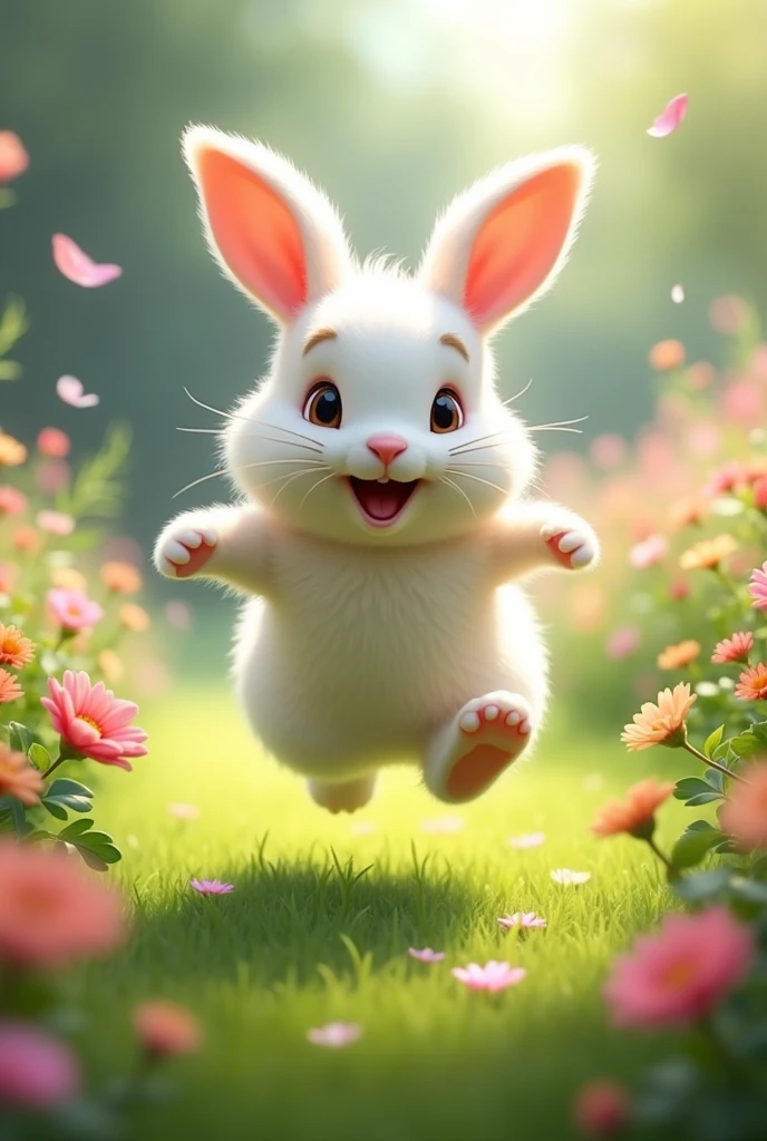 A rabbit in a garden and it's jumping, jumping, dancing from here to there