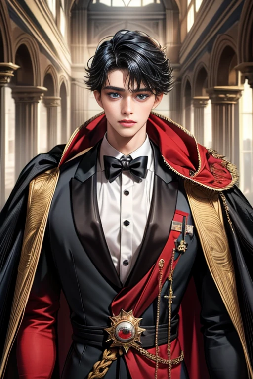 masterpiece, 最high quality, high quality, 1 boy, alone, Male focus, Upper Body,Watching the audience, Messy black hair, Adorable big blue eyes, White, Noble, Noble,A black and red cape that is bursting with sexy volume、Tuxedo、A very voluminous, large, very large, very large, long, long red and black cape with a high stand-up collar, made of a lot of fabric that reaches down to the floor., ,cute beautiful,Cute, cute, kind, handsome guy