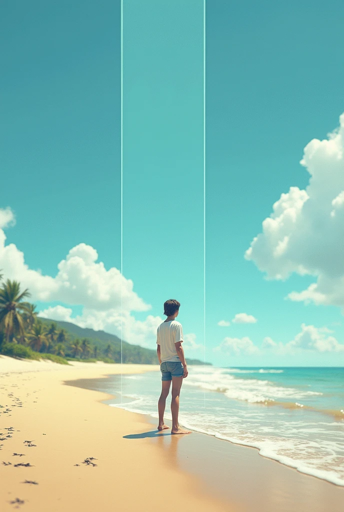 I want you to create a beach scene, where this scenario will have an error, like a crack showing that everything is a simulation
