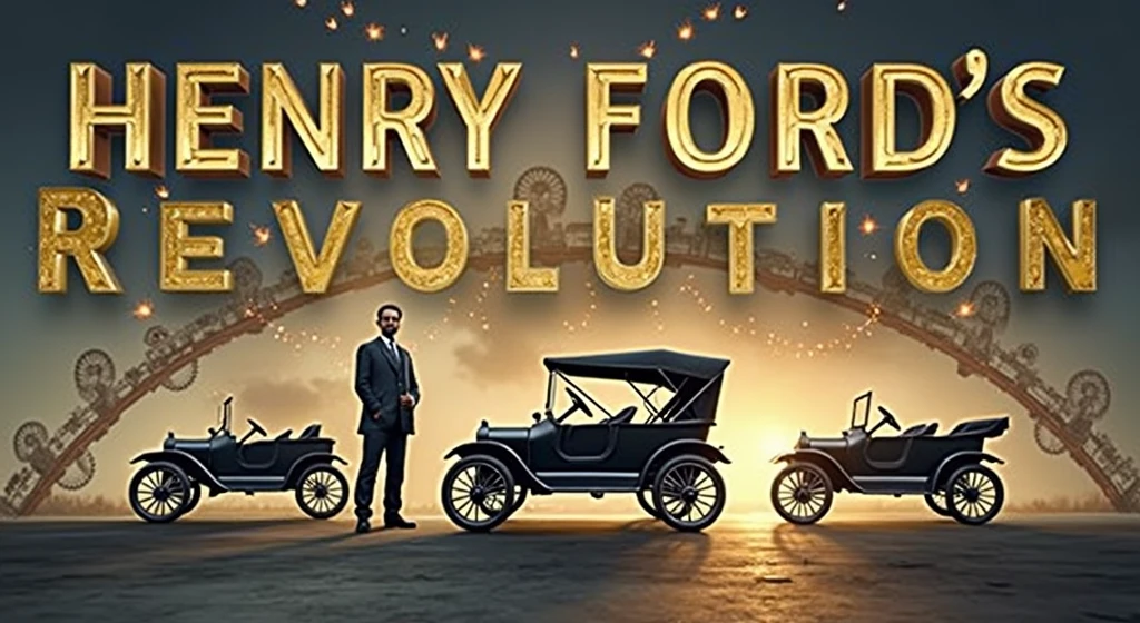 main image: An iconic photo of Henry Ford next to an early Ford Model T, highlighting the importance of this car in the industry revolution.
Background: A montage showing the mass production line, symbolizing the innovation that Ford brought to automobile manufacturing.
Title on the Cover: Use eye-catching text like "Henry Ford's Revolution" with a strong and industrial source. It can be in metallic colors (silver or steel) to refer to the automobile industry.
Additional Detail: Include graphic elements such as gears or sparks to give the image a dynamic touch., suggesting the idea of innovation and movement.