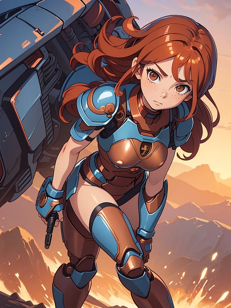 (masterpiece), (best quality), ((one girl)),(( red copper hair)),(brown eyes),short hair, curly hair, anime style, freckles, (small breast), (petite figure), legs,(blue mecha armor) (full body armor),(full leg armor),(almond eyes) ,( tan skin) 