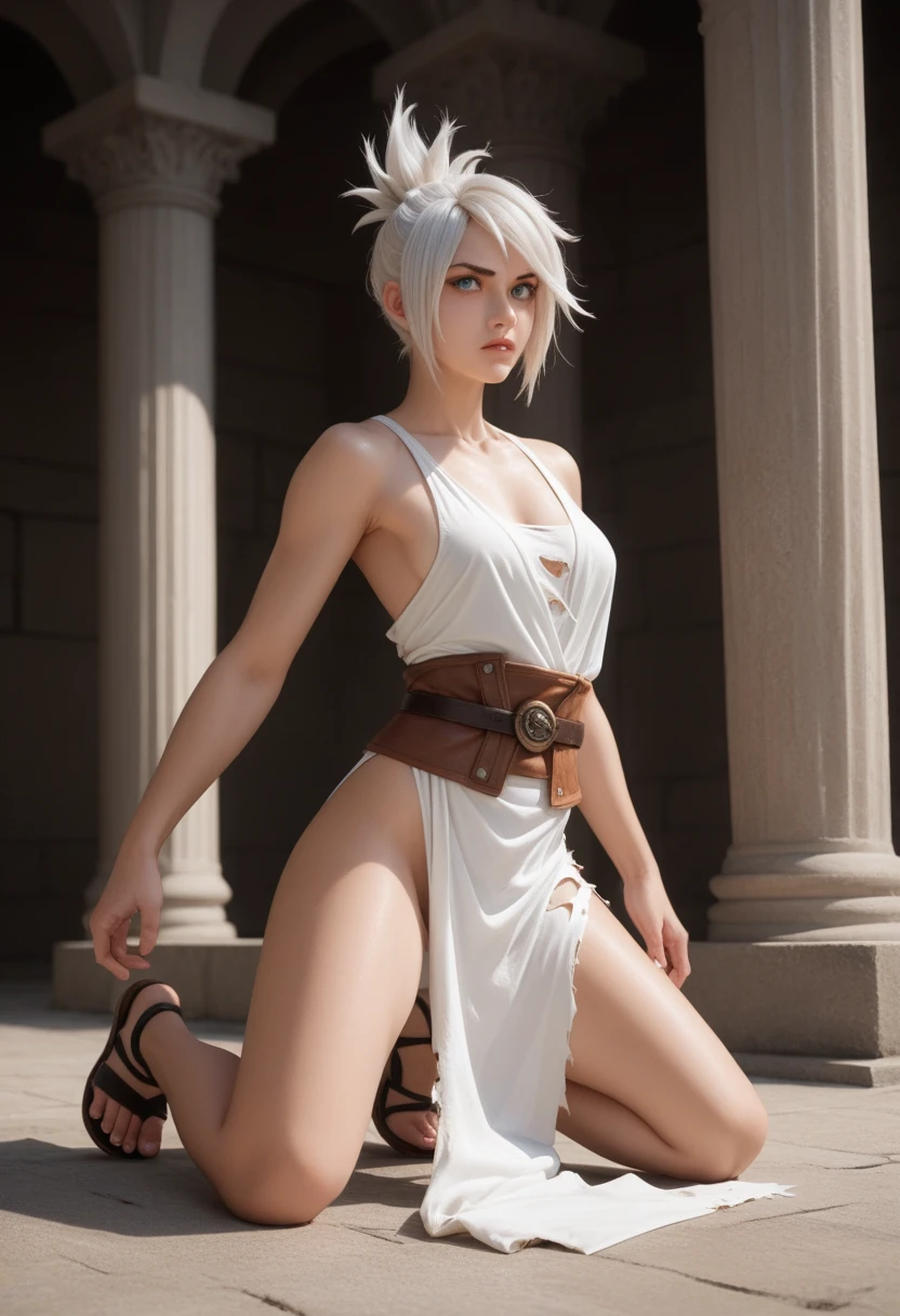 Create a Riven League of legends image with the characteristics defined in the tag and avoid using the characteristics defined in the tag. Draw a female character in anime style, with light skin, short white hair and intense blue eyes. The character must be in a dynamic and powerful pose, kneeling with a determined and confident expression. She is wearing a minimalist battle outfit, consisting of strips of white cloth that cover her bust and part of her waist, with torn details indicating wear. The outfit includes a wide brown leather belt around her waist and dark sandals on her feet.. The scene should take place in a dark and mysterious environment, with stone columns in the background. Lighting should create a strong contrast, with the light highlighting the character's contours, especially on your face, arms and legs, while the background remains in shadow. The shadow cast by the character should add depth to the image.. The color palette should be dominated by neutral tones, like white, brown and gray, with the character's white hair and blue eyes being the focal points that bring contrast and emphasis to the scene. Keep an anime art style, with clean lines and precise details of muscles and tissues, emphasizing the strength and elegance of the character. Avoid including elements such as weapons, expressions of fear or sadness, very colorful or very bright backgrounds, modern or casual clothing or props that are not related to the battle environment. Don't add other characters or elements that distract from the main character.