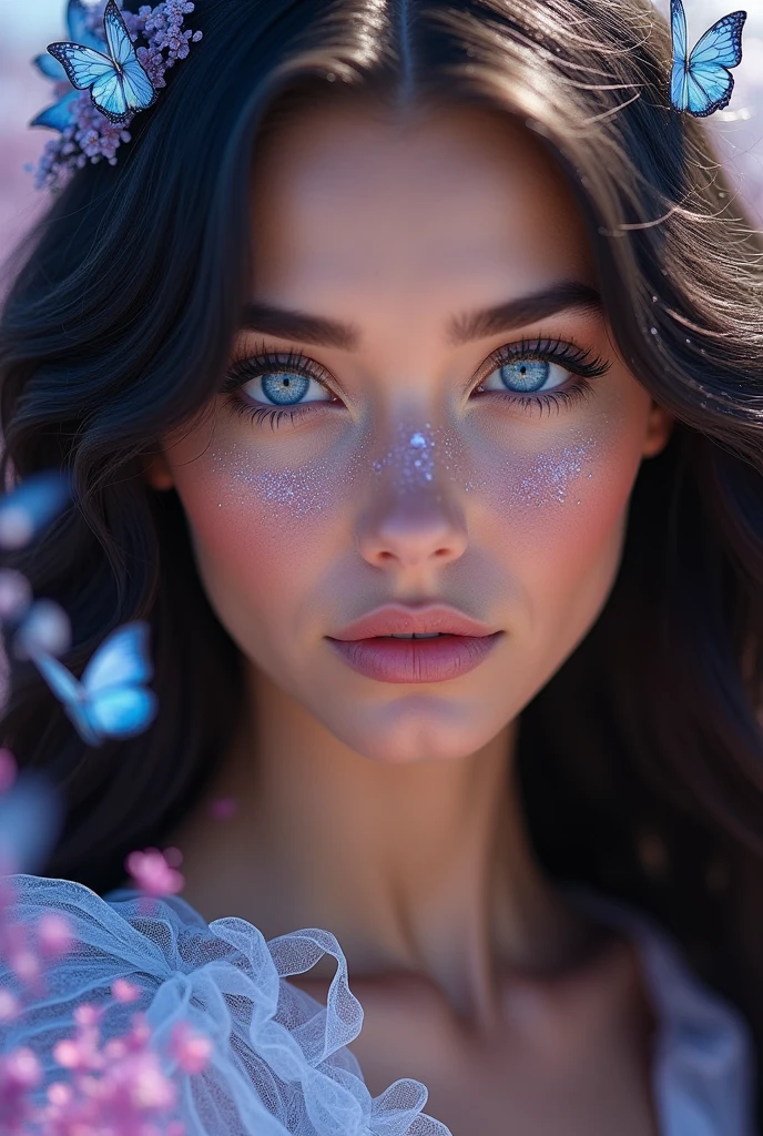 Close-up of a best masterpiece, HD photography, INTENSE SAPPHIRE SKY BLUE EYES only the face of a beautiful Russian woman like Aphrodite, with black hair in waves and sapphire blue eyes as clear as the sky, SAPPHIRE BLUE EYES HIGHLIGHT, Stars of colors in her eyes, with purple and pink glitter on her face, Looking forward in profile, only her face can be seen, In the background a beautiful place with pink sparkles and blue butterflies, the glow of daylight, A radiant shine, LEAVE LET YOUR EYES BE THE THING THAT STANDS OUT THE MOST AND THE ONLY THING THE IMAGE FOCUSES ON with diamond skin and hair part shining to symbolize brilliance. with diamond, mirando, que sus ojos sean hipnotizantes azul brillante como diamantes