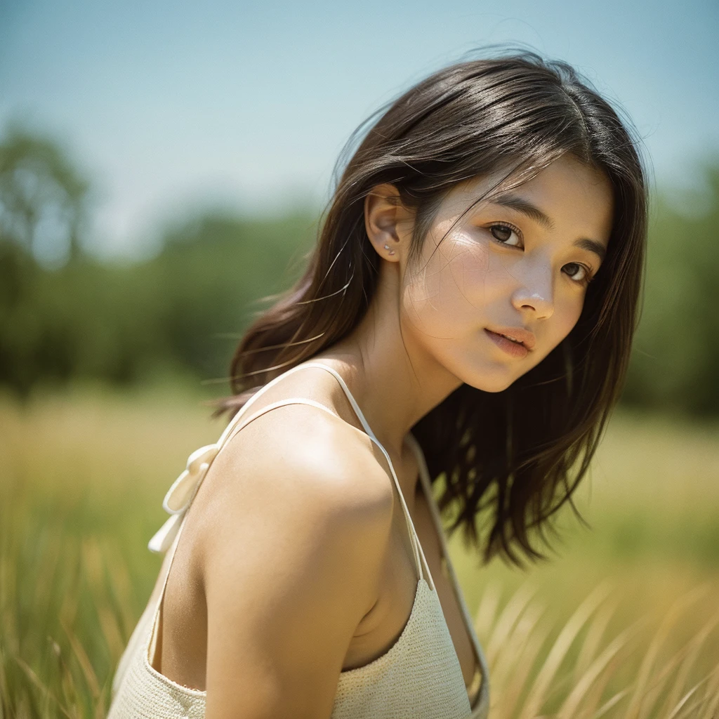 A hyper-realistic close-up image of a single Japanese woman in her early 20s, captured with the rich, nostalgic texture of a vintage film camera, focusing on her face and shoulders. Her skin has a warm beige tone with a natural, slightly rough texture that includes visible pores, fine lines, and subtle imperfections such as small blemishes, adding to the authenticity of her appearance. The image is infused with the characteristic graininess and slightly muted colors typical of classic film photography, enhancing the depth and warmth of the scene. Soft, diffused natural light typical of a sunny summer day gently illuminates her face, casting warm, subtle shadows that contribute to the film-like quality while preserving the realistic texture of her skin. Her straight, glossy black hair is slightly tousled by a gentle summer breeze, framing her face naturally. She is dressed in a light, summery outfit, perhaps with straps visible at the shoulders, that complements her natural beauty and suits the warm weather. The overall composition captures the serene and effortless elegance of a summer day, with a strong emphasis on the timeless, nostalgic quality of film photography, making the image feel both authentic and evocative.