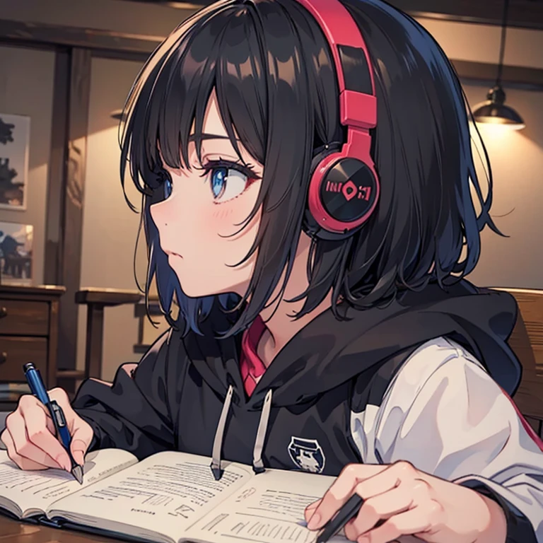night、((机に向かってBarely)),（Headphones）,((Barely)),（Serious profile）,((Writing in a notebook)),((The eyes are on the notebook!!)),indoor, Super detailed, (((Very detailed eyes and face))), profile, masterpiece, Highest quality, Realistic portraits, hoodie, Very detailed, Dynamic Angle, The most beautiful form of chaos, elegant, Asian Taste