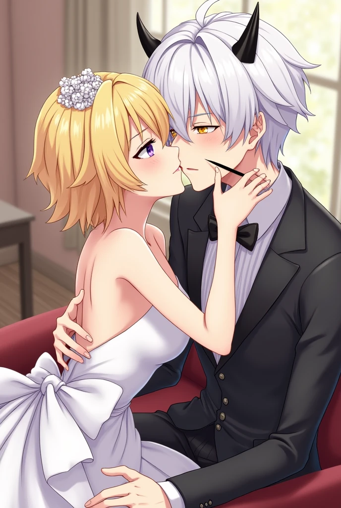 anime woman , Blonde Short hair, purple eyes, with wedding dress, Along with a man with white hair, With black streak , and horned, yellow eyes, Black toothpick, Kissing 