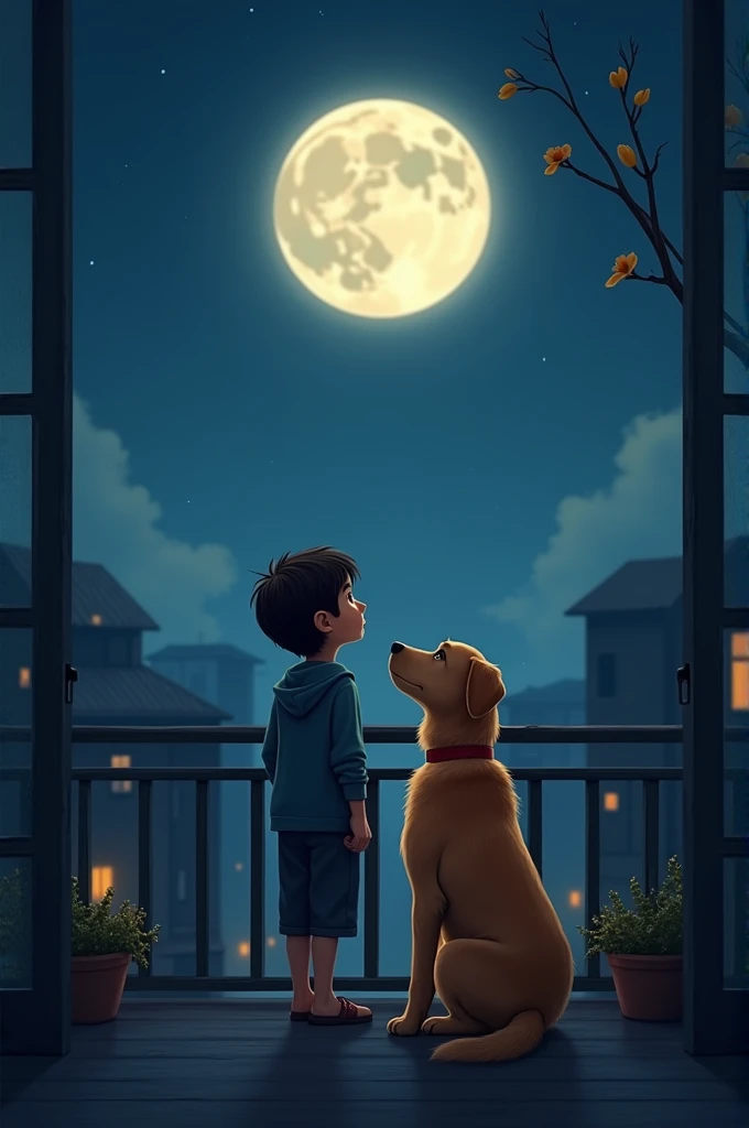 A boy staring at moon from his balcony at night with his pet golden bhrown pet dog