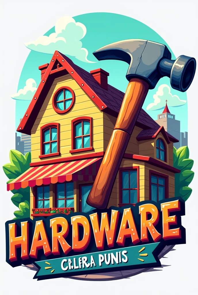 A fictional hardware store logo featuring the colorful hardware store and a hammer fixing it in Spanish