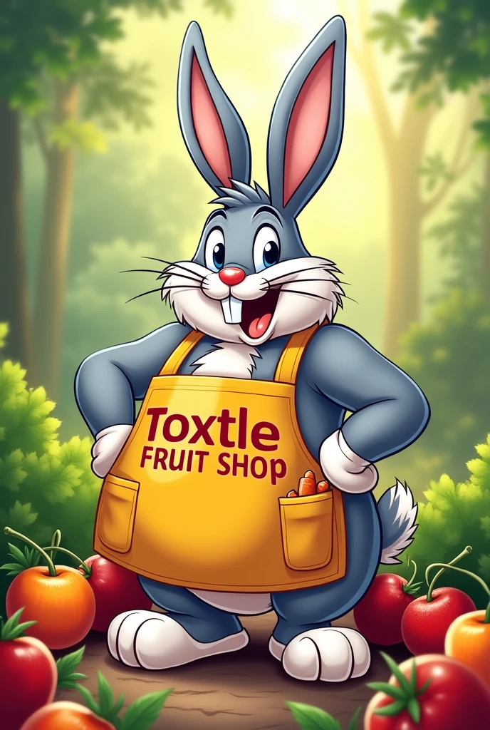 Logo with a chubby Bugs Bunny with an apron where it says Toxtle Fruit Shop.