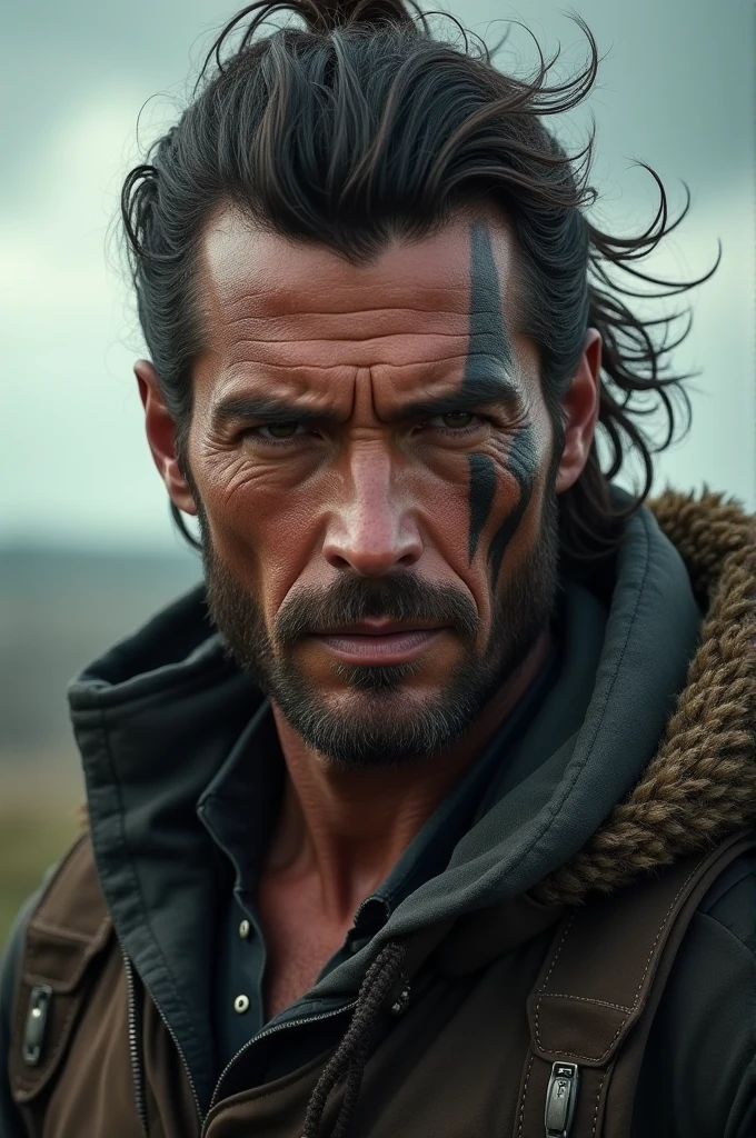 Create a man of rugged beauty with a scar on his left cheek