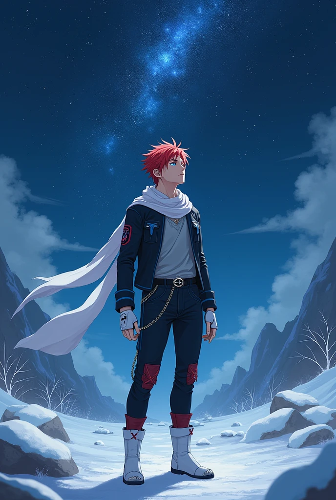 just 1 semi realistic man, super handsome man with seductive eyes, red hair with a hairstyle similar to that of the character Sasuke, but wearing a white bandana, with the symbol of a blue phoenix, very blue eyes, like heaven, muito claro, Asian, wears a beautiful short black jacket with cyan blue details, gray blouse, with a huge scarf tied around his neck, that crawls to the ground, black military style pants and white military boots, with red details, além de luvas brancas with red details sem dedos de material como couro, and a punk belt under the shirt. Make him look at the starry sky and the snow, going.