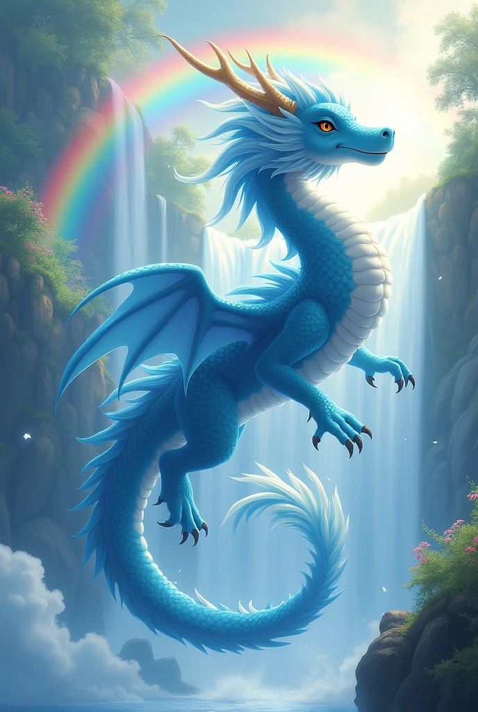 masterpiece, Highest quality,Japan Dragon God、Blue dragon、Rin々A gentle and calm expression、With fluffy fur。Flying in a circle。No wings、Sparkling and kind eyes、Its snake-like, slender body is so long that it doesn't fit on the screen.、The background is a waterfall and a rainbow、Beautiful mane、The hands and feet have claws