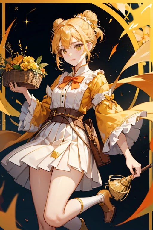Yaoyao's blond hair is braided and tied into a bow on top of her head. Her face is evenly framed by a set of neat bangs, with a pair of gold flower-shaped hairpins. Her hair is tied into two small buns, held together with a set of oversized golden jingle bells.
Yaoyao wears a yellow green overcoat with puffed up sleeves secured around the wrists with orange bows. She wears this over a dark brown collared tunic and belt and short pleated skirt with ruffles decorated with golden flowers. She has a large orange pouch with a large tassel around her waist just above her skirt, decorated with an emblem resembling that of a flower. Yaoyao wears a pair of white bloomers and a dark suit underneath, along with a pair of orange-toed white boots. Yaoyao also carries an oversized basket over her shoulder which is where her Dendro Vision is pinned to a red bow knot. The basket contains some tied white bags and one Yuegui. SPARKLE; GLITTER