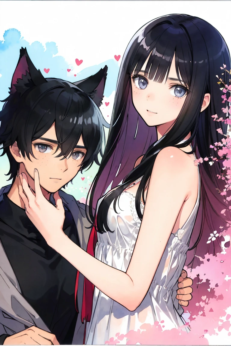 couple, man and woman, love, mature, a cat woman, she has freckles, she has dark brown eyes and an upturned nose, she is happy and smiling, she has long wavy hair, black hair, she is wearing aviator sunglasses with clear lenses in a soft watercolor style. The girl's clothes must be pink, purple, and blue in celebration of the bisexual, with stains of ink and watercolor mixing and filling the scene. There should be a subtle, nuanced change in colors using the impasto technique with gouache paint. There should be a light rain in the watercolor painting with a little watercolor paper texture and a pastel background.