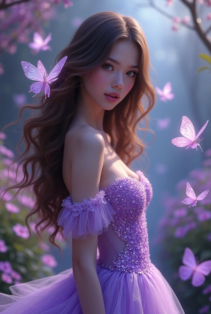 An extremely beautiful woman with brown hair and honey-colored eyes, full lips, small nose, in a purple crystal princess dress, with sparkling crystal butterflies , in a magical flower garden, fluorescent light dwelling