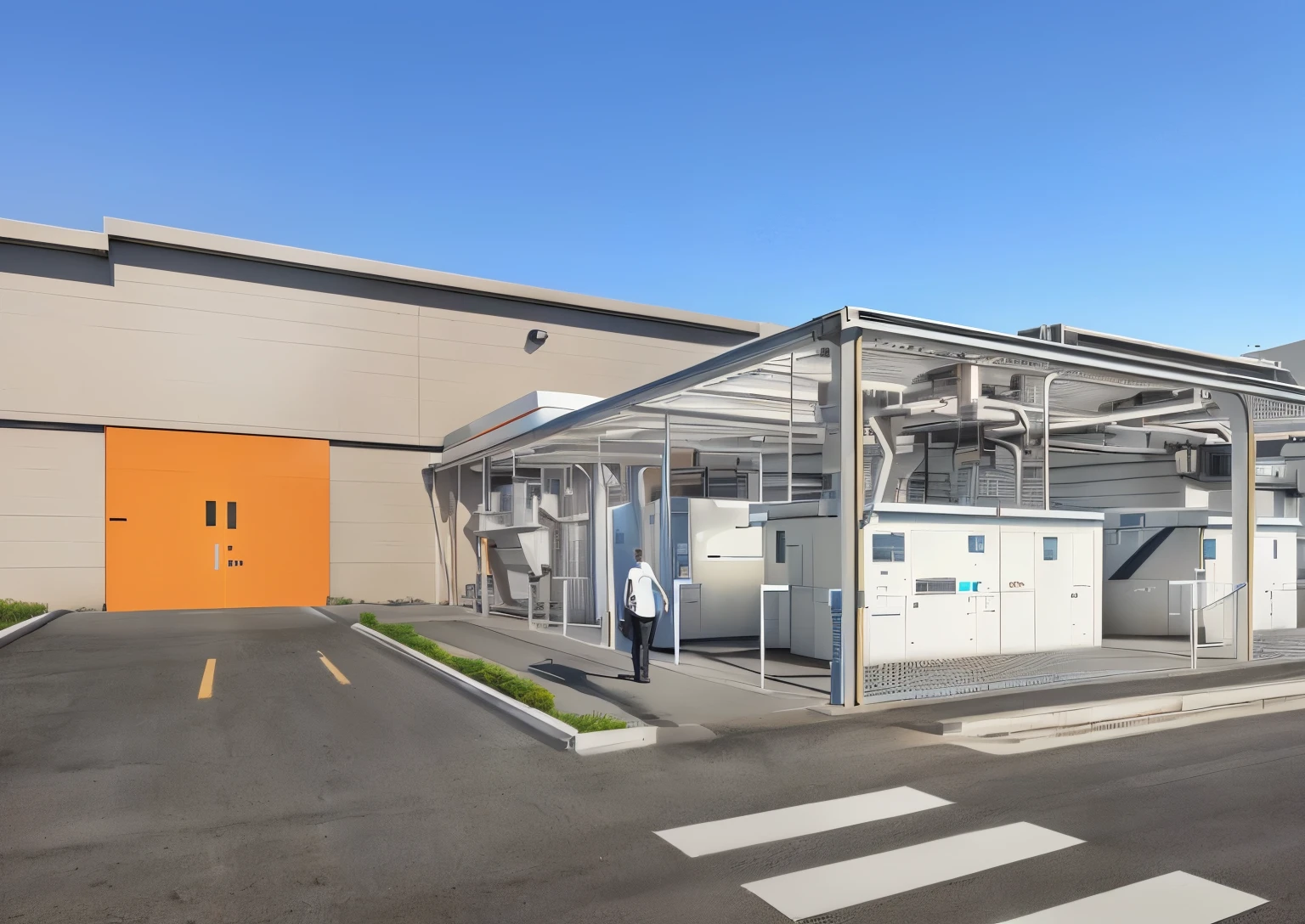 there is a man standing in front of a building with an orange door, Artist impression, artists impression, artist impression, futuristic production facility, photo rendering, digital rendering, digital rendering, rendering, rendering, futuristic cloning installation, refrigeration installation, conceptual rendering, production volume rendering, exterior shot, photographic rendering, exterior wide angle 2022, final rendering