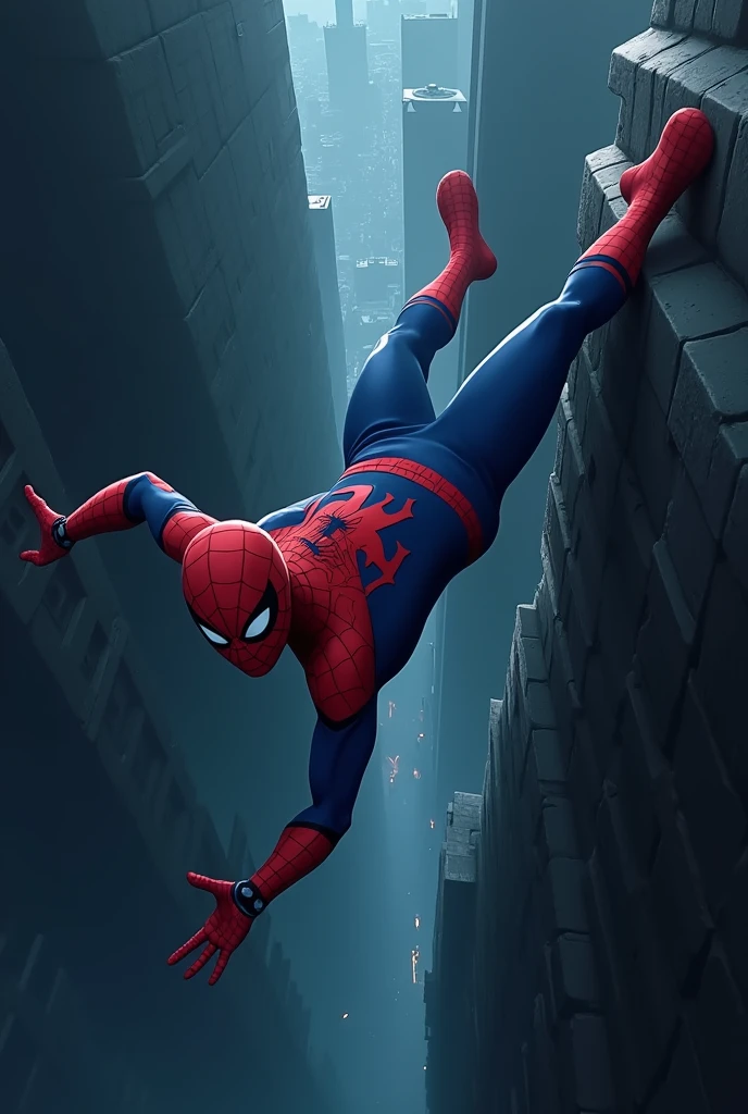 Spider-Man falling from the high place in anime in darkness 