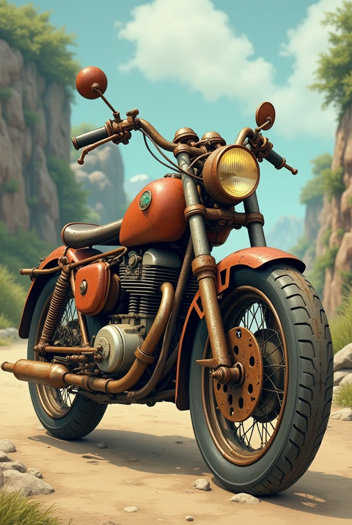 Motorcycle casts with rusty scrap metal and worn wheels in 2D Ghibli style Anime 90s