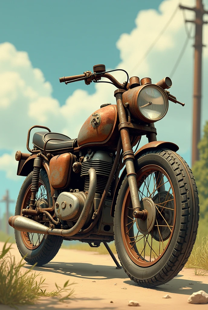 Motorcycle casts with rusty scrap metal and worn wheels in 2D Ghibli style Anime 90s
