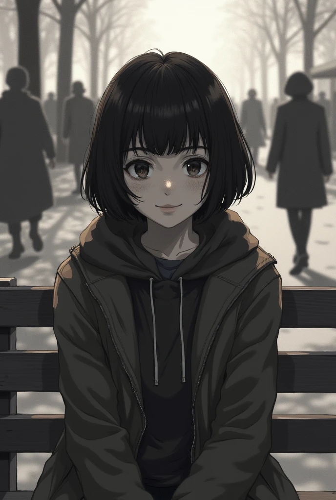 Kizi, with very short hair in a dark brown masculine cut, dark shaped eyes, some small freckles on the face, a fake smile. The scene is of her sitting on a bench alone with people around her. 