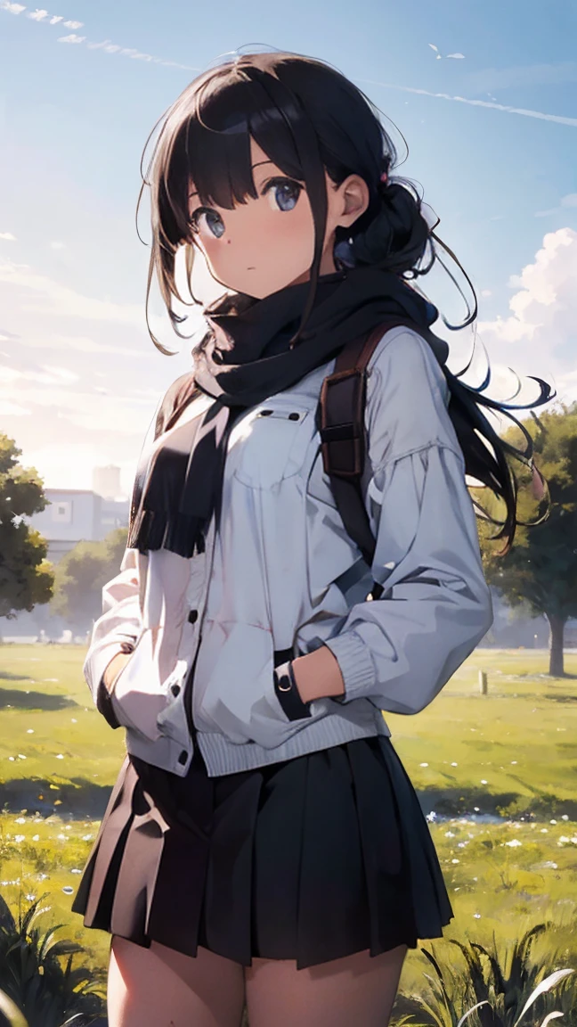 8k, Highest quality, masterpiece, Realistic, Very detailed, photo Realistic, Improvement of quality, Photo of a girl standing in a field wearing a scarf, designer&#39;Dark and gloomy style, big chunks, Photobash, Calm face, Jagged Edges, navy, Natural Beauty, Close-up shot