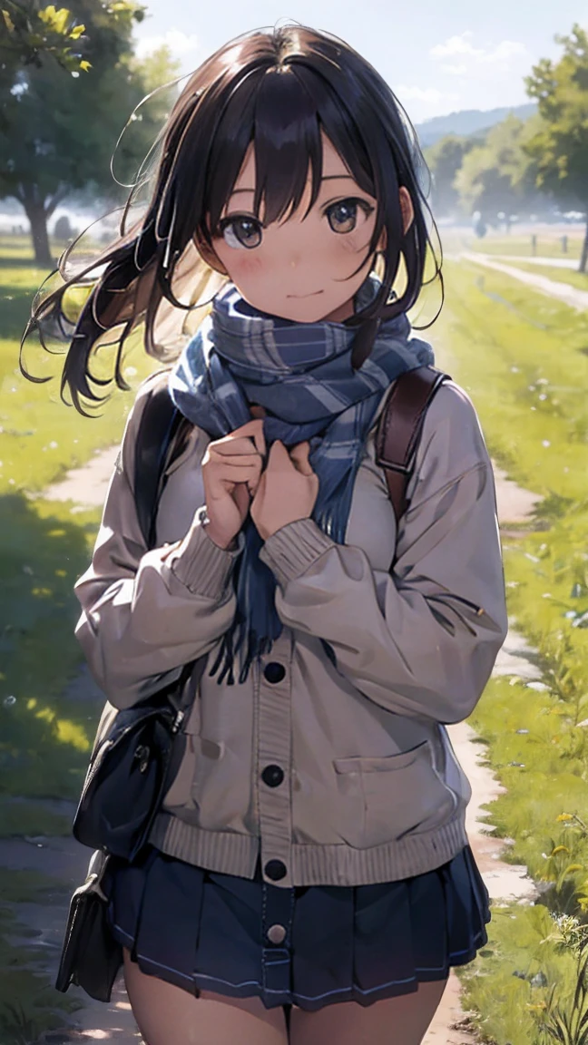 8k, Highest quality, masterpiece, Realistic, Very detailed, photo Realistic, Improvement of quality, Photo of a girl standing in a field wearing a scarf, designer&#39;Dark and gloomy style, big chunks, Photobash, Calm face, Jagged Edges, navy, Natural Beauty, Close-up shot