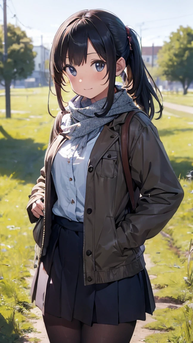 8k, Highest quality, masterpiece, Realistic, Very detailed, photo Realistic, Improvement of quality, Photo of a girl standing in a field wearing a scarf, designer&#39;Dark and gloomy style, big chunks, Photobash, Calm face, Jagged Edges, navy, Natural Beauty, Close-up shot