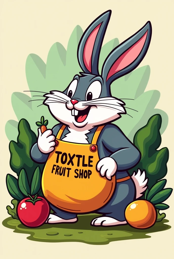 Logo with a chubby Bugs Bunny with an apron where it says Toxtle Fruit Shop.