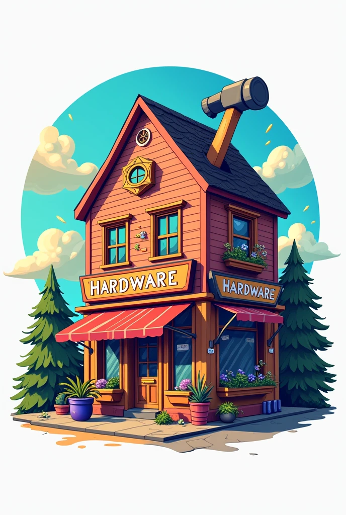 A fictional hardware store logo featuring the colorful hardware store and a hammer fixing it in Spanish