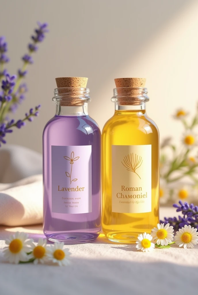 Image with bottle of lavender and Roman chamomile essential oils 