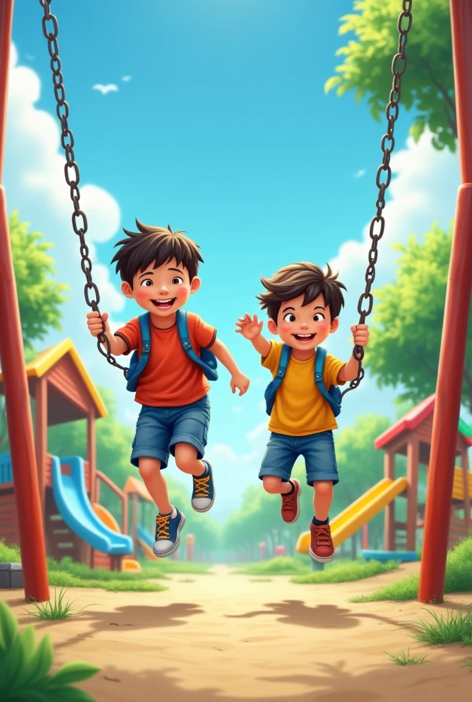 Draw two boys taking and standing in the playground