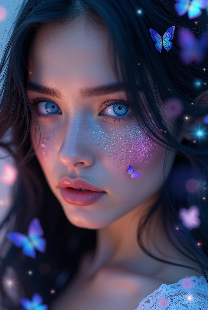 Close-up of a best masterpiece, HD photography, INTENSE SAPPHIRE SKY BLUE EYES only the face of a beautiful Russian woman like Aphrodite, with black hair in waves and sapphire blue eyes as clear as the sky, SAPPHIRE BLUE EYES HIGHLIGHT, Stars of colors in her eyes, with purple and pink glitter on her face, Looking forward in profile, only her face can be seen, In the background a beautiful place with pink sparkles and blue butterflies, the glow of daylight, A radiant shine, LEAVE LET YOUR EYES BE THE THING THAT STANDS OUT THE MOST AND THE ONLY THING THE IMAGE FOCUSES ON with diamond skin and hair part shining to symbolize brilliance. with diamond, mirando de lado, que sus ojos sean hipnotizantes azul brillante como diamantes