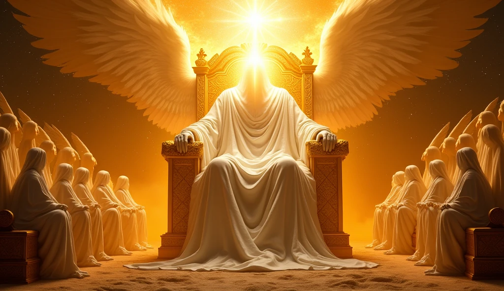 Generate images of God  who is gigantic, vast, in a white robe of His firary golden Thrown of light.
Cover his face with White light and put him on a large firy gold throne surrounded by 24 elders and angel of Cherubim having 6wings, two wings to covering their feet, two wings to cover their face, and two to fly and Seraphim having 6 wings, and four faces, the face of a man, an eagle, an Bull and a Lion. They are around God's thrown. God is vast, 32K UHD, Style Raw, detailed, masterpiece, realistic, your golden sign written "king of kings , Lord of Lords " Its resplendent light capable of blinding any vision, God doesn't have wings.other thrones with ancient beings on them