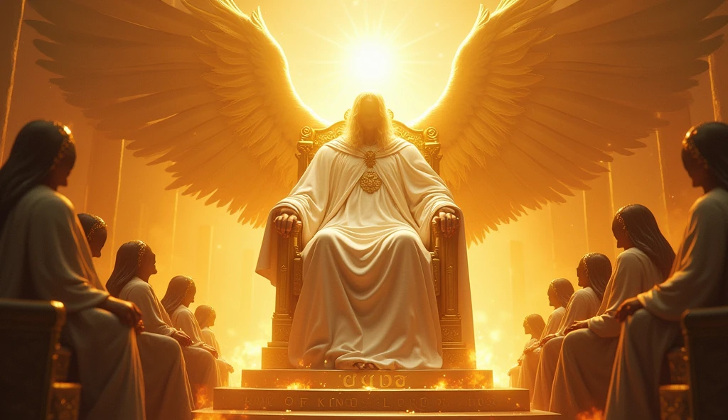 Generate images of God  who is gigantic, vast, in a white robe of His firary golden Thrown of light.
Cover his face with White light and put him on a large firy gold throne surrounded by 24 elders and angel of Cherubim having 6wings, two wings to covering their feet, two wings to cover their face, and two to fly and Seraphim having 6 wings, and four faces, the face of a man, an eagle, an Bull and a Lion. They are around God's thrown. God is vast, 32K UHD, Style Raw, detailed, masterpiece, realistic, your golden sign written "king of kings , Lord of Lords " Its resplendent light capable of blinding any vision, God doesn't have wings.other thrones with ancient beings on them