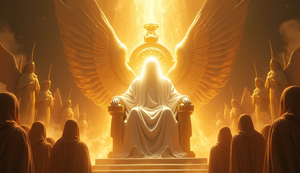 Generate images of God  who is gigantic, vast, in a white robe of His firary golden Thrown of light.
Cover his face with White light and put him on a large firy gold throne surrounded by 24 elders and angel of Cherubim having 6wings, two wings to covering their feet, two wings to cover their face, and two to fly and Seraphim having 6 wings, and four faces, the face of a man, an eagle, an Bull and a Lion. They are around God's thrown. God is vast, 32K UHD, Style Raw, detailed, masterpiece, realistic, your golden sign written "king of kings , Lord of Lords " Its resplendent light capable of blinding any vision, God doesn't have wings.other thrones with ancient beings on them