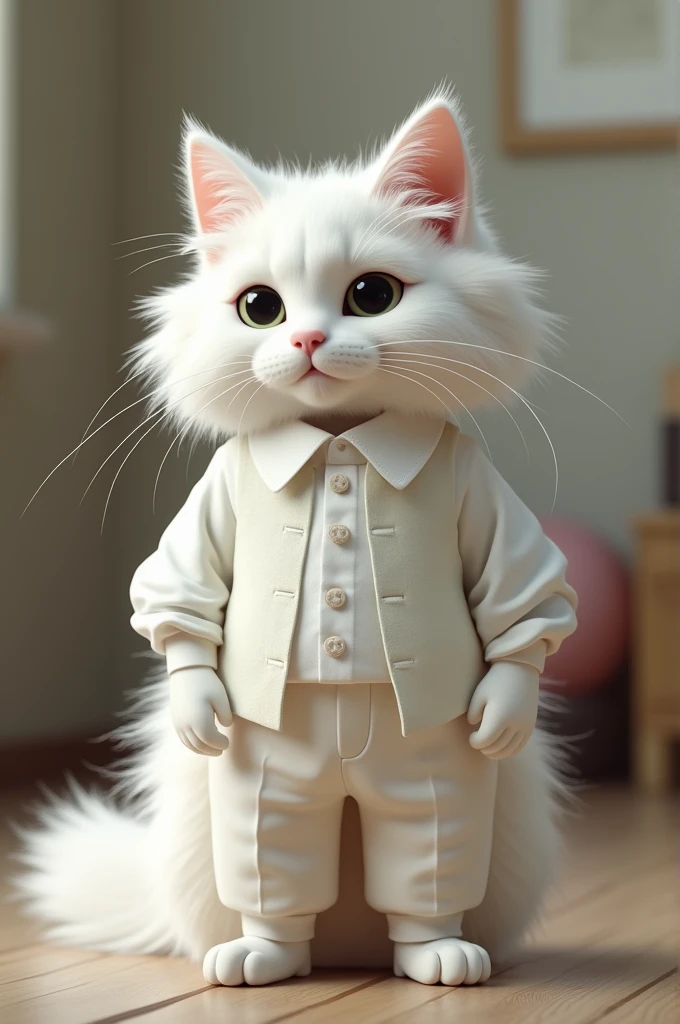 A white cat and very long white hair . It is wearing shirt and pants